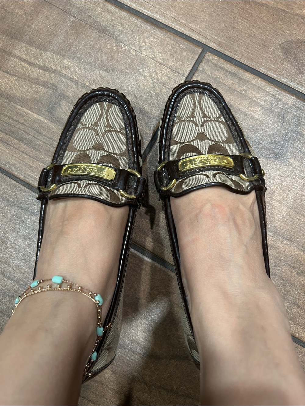 Coach Brown Signature Canvas Loafers with Gold Hardware